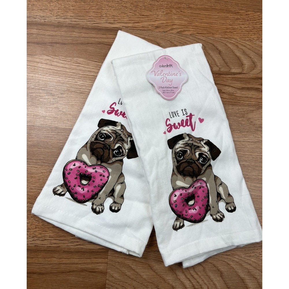Valentine's Day PUG Dog Set of 2 Kitchen Dish Towels 18" x‎ 28" NEW